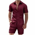 thumbnail image 2 of Yusimy Men's Solid Color Running Fitness Turn Down Collar Button Closure Short Sleeve Shirt And Drawstring Pocket Shorts Set, 2 of 9