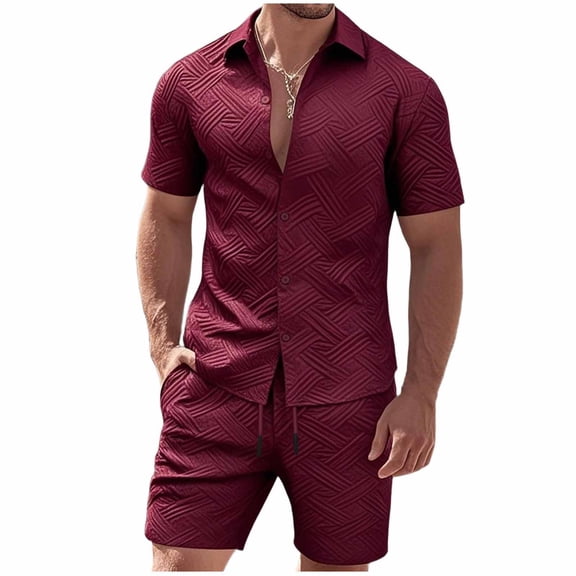 BTDECLAR Men's Shirt and Shorts Set Solid Color Textured Short Sleeve Casual Button Down 2 Piece Shorts Set Summer Sport Running Outfits