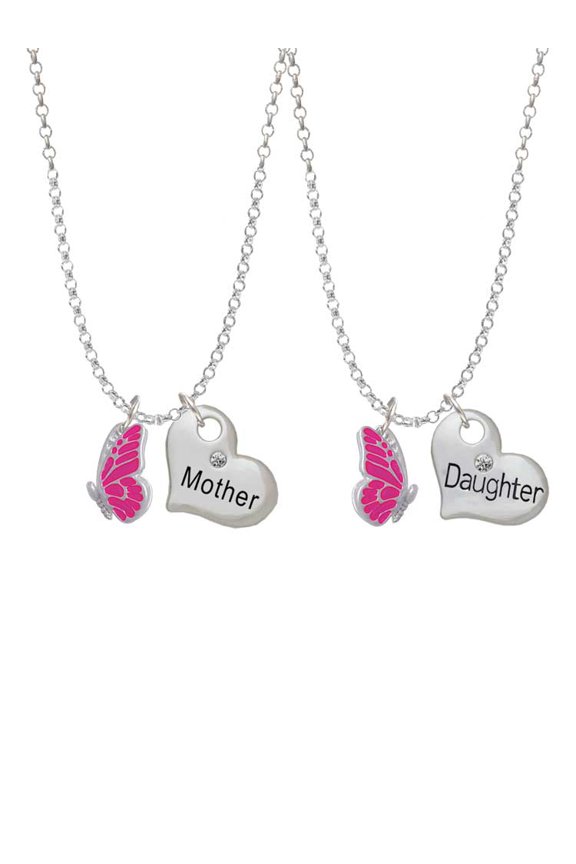 Silvertone Translucent Hot Pink Flying Butterfly Mother & Daughter Heart Necklaces (Set of 2), 19"+2"