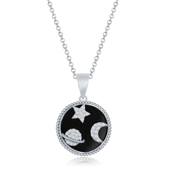 Beaux Bijoux Natural Stone Onyx with Moon, Star, Saturn Simulated Diamond CZ Round Pendant 18” Necklace Sterling Silver Jewelry for Women or Teens