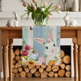 thumbnail image 2 of Easter Cartoon Bunny Table Runner, Spring Tulips Daisy Leaf Green Blue Wood Cotton Linen Kitchen Table Decoration Washable Dining Tabletop Runners for Home Party Decor 13x90 Inches, 2 of 9