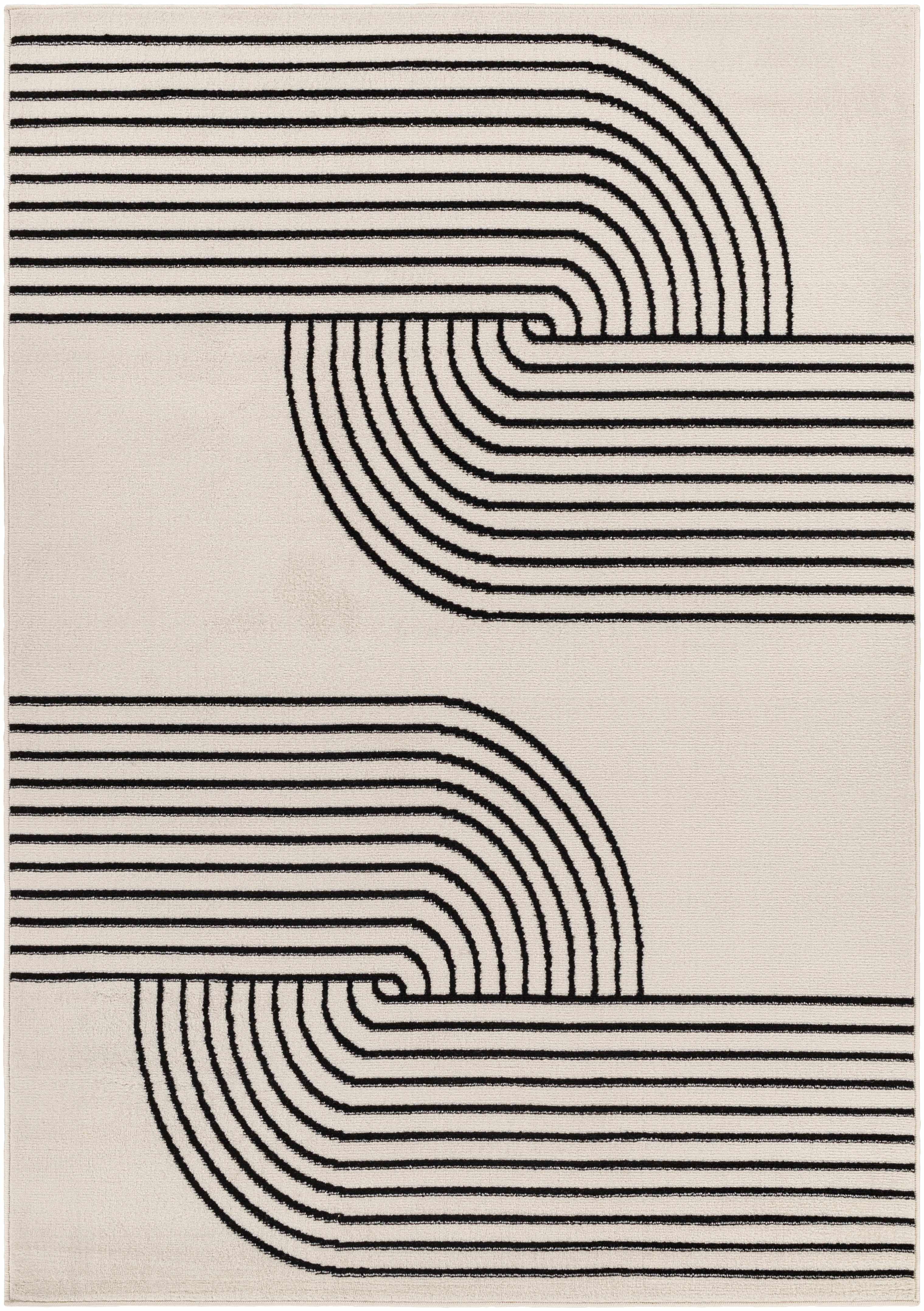 Hauteloom Buana Bohemian Living Room, Bedroom Runner Rug - Modern Moroccan Farmhouse - Geometric Striped - Beige, Cream, Black - 5' x 7' (5x7)
