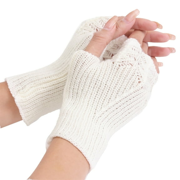 HNMKIU Winter Stretch Knit Fingerless Gloves For Women And Men Half Finger Mittens Thermal Comfort Handwear White,One Size
