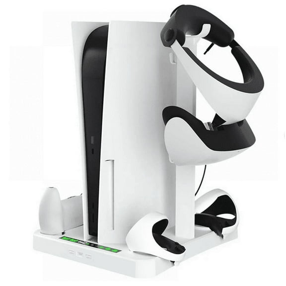 PS5 Stand with Cooling Station and Dual Controller Charging Station, PS5 Disc Version, PS5 Cooling Fan with Headset Holder & PSVR2 Holder and 3 Adjustable Fan Speeds