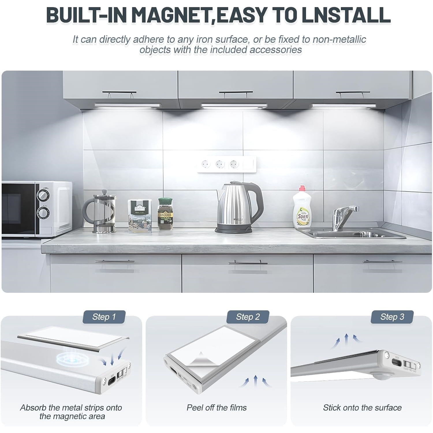 6 Pack Under Cabinet Lights Wireless, 50 LED Motion Sensor Light Indoor Rechargeable Magnetic Closet Lights Battery Operated, Under Counter Lights for Kitchen, Wardrobe, Hallway, Stairs