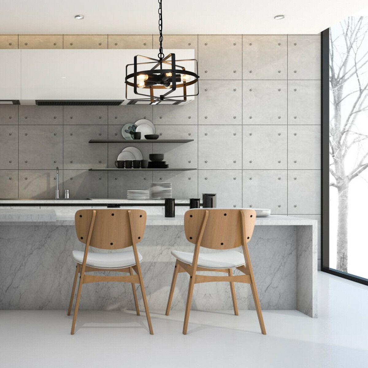 Gymax 5-Light Industrial Pendant Light Metal Drum Shape Round Chandelier Ceiling Lamp