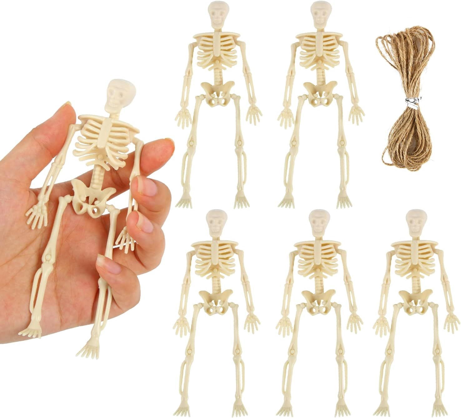 6 Pack Posable Mini Skeleton Figurines with Jute Rope for Halloween Decor