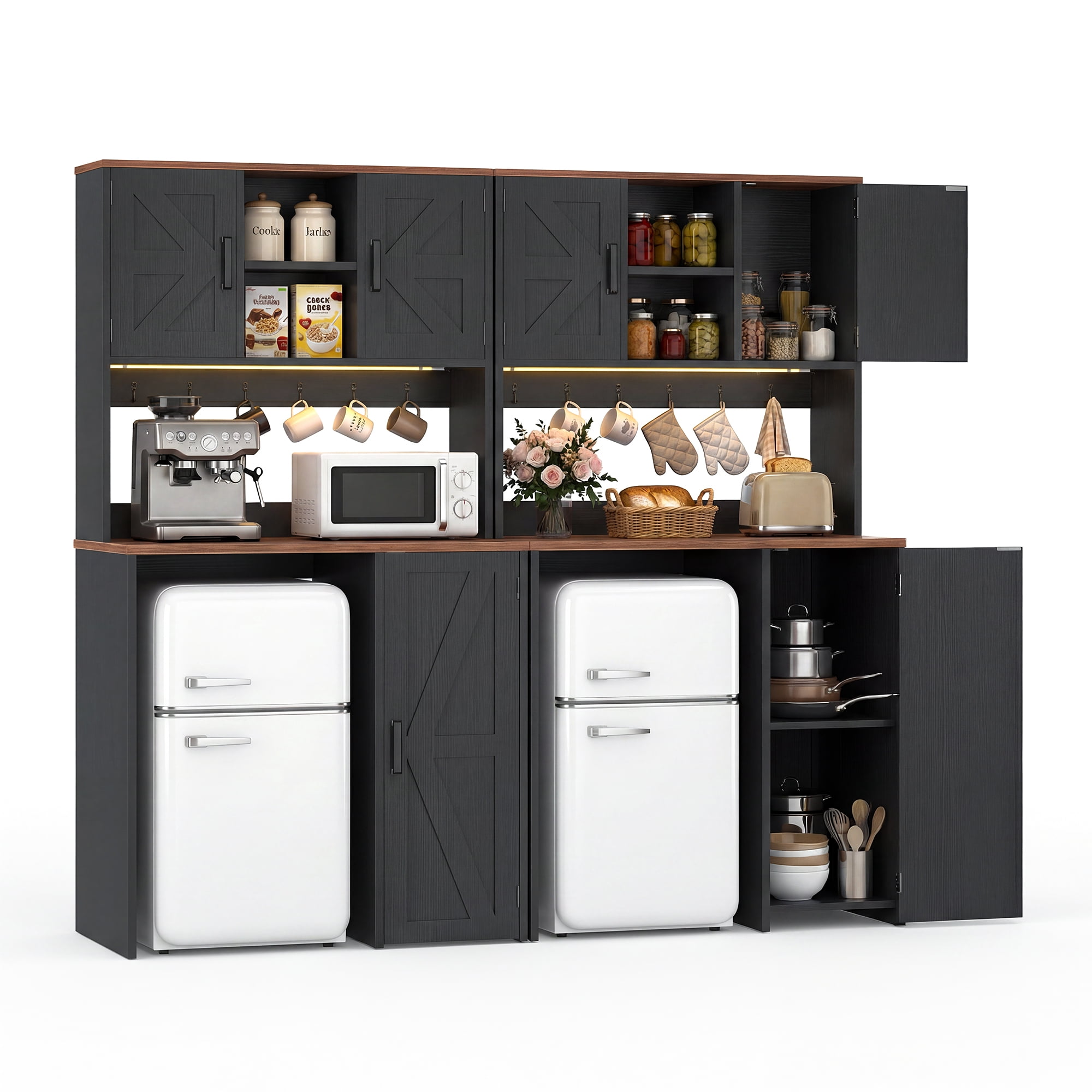 Homieasy 2-Piece Beverage Station Set - Mini Fridge Cabinet & Coffee Bar with Charging Hub, LED Light, Microwave Shelf & Wine Storage, Perfect for Kitchen, Dorm & Office,Black