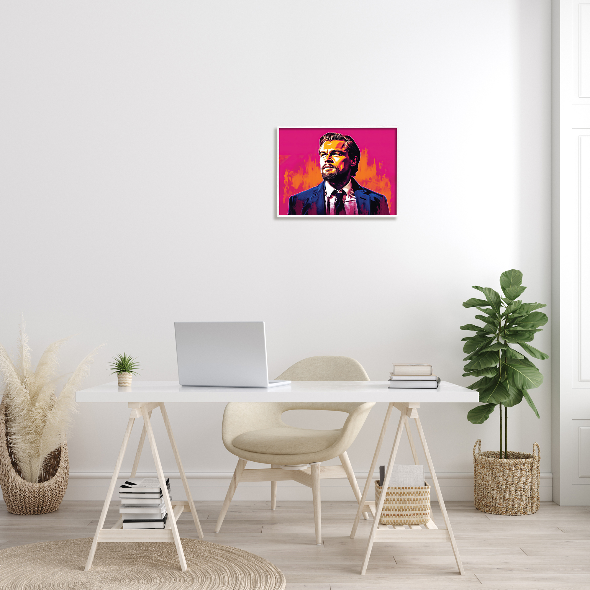Stupell Industries Leonardo DiCaprio on Pink Abstract Painting White Framed Art Print Wall Art, 20 x 16