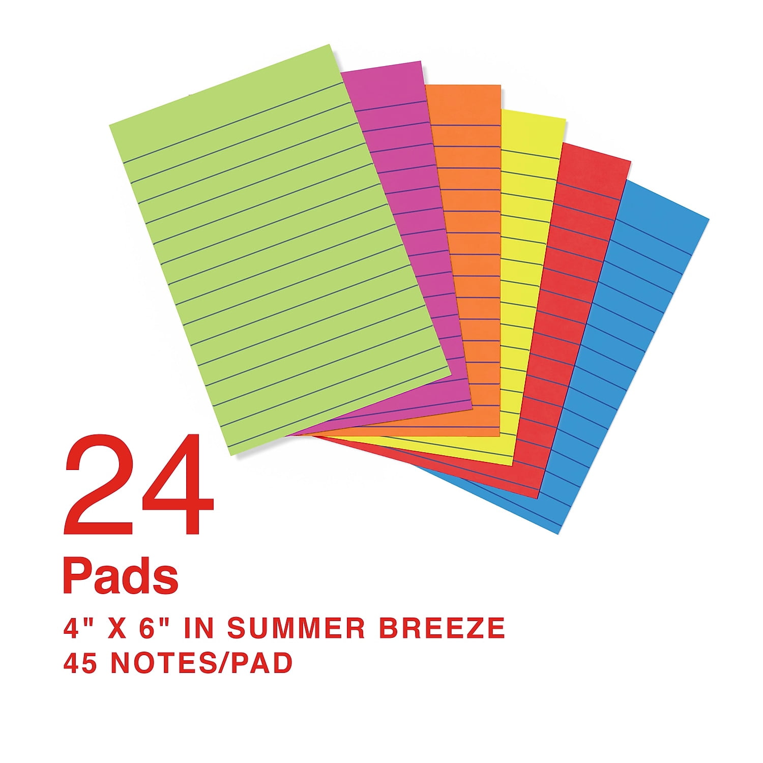 Staples Ultra Sticky Notes 4" x 6" Summer Breeze Collection Lined 45 Sheets/Pad 24 Pads/Pack