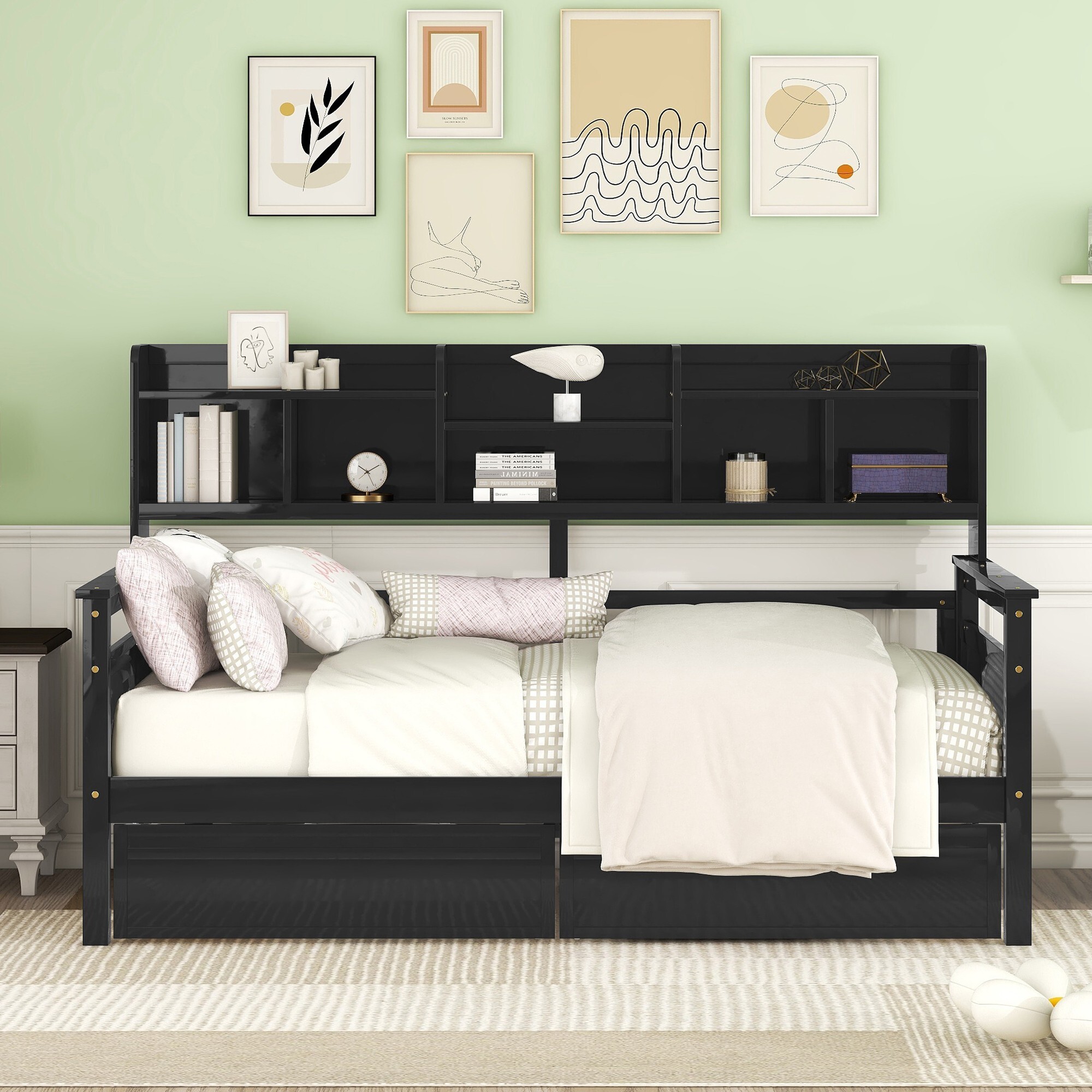 AENKYO Twin Size Wooden Daybed Bed Frame with 2 Storage Drawers and Headboard Shelf, Solid Wood Sofa Bed, Black