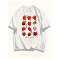 thumbnail image 1 of Summer Vibes) Strawberry Print Casual Tee - Short Sleeve Loose Fit Summer Top with Fun Strawberry & Letter Design, Soft Polyester-Spandex Blend, Machine Washable, Perfect for Casual Attire, Breathabl, 1 of 7