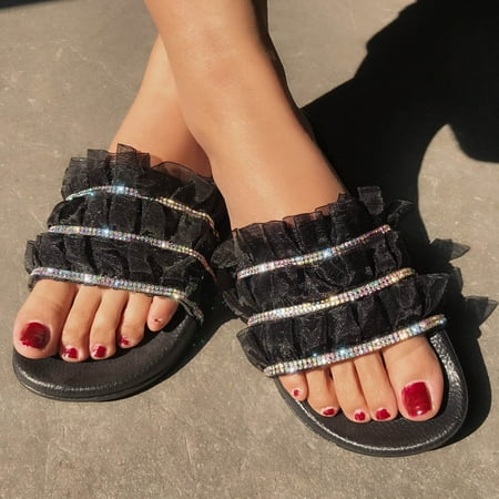 

Fashion Women Ankle Strap Lace Summer Slide Sandals Flats Flip-Flops Shose