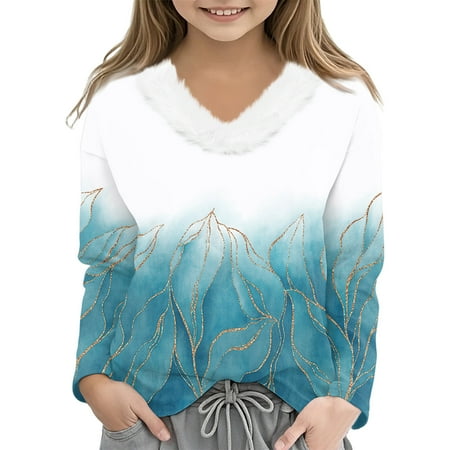 CCRFTGI Long Sleeve Girls T-Shirts Casual Funny Floral Print Fur Trim V Neck Blouses Tops Cozy Fall T Shirts Loose fit T Shirts Top Light Blue 11-12 Years