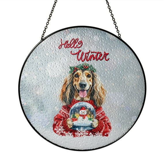 Hello Welcome Winter Afghan Hound Holding Snow Globe Snowman Stained Glass Suncatcher Dog Lover Window Hanging Sign Decor - 13015