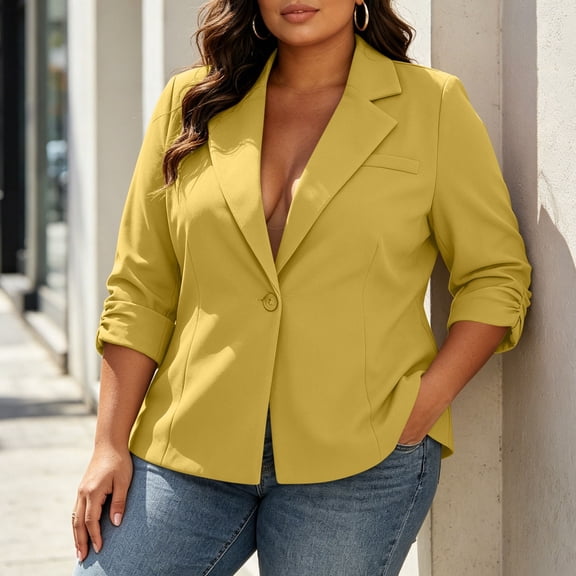 Plus Size Pleated Blazer For Women, Ruffled 3/4 Sleeve Lapel Jacket, Button Down Casual Office Suit, Elegant Business Work Wear, Feminine Cut Yellow XL
