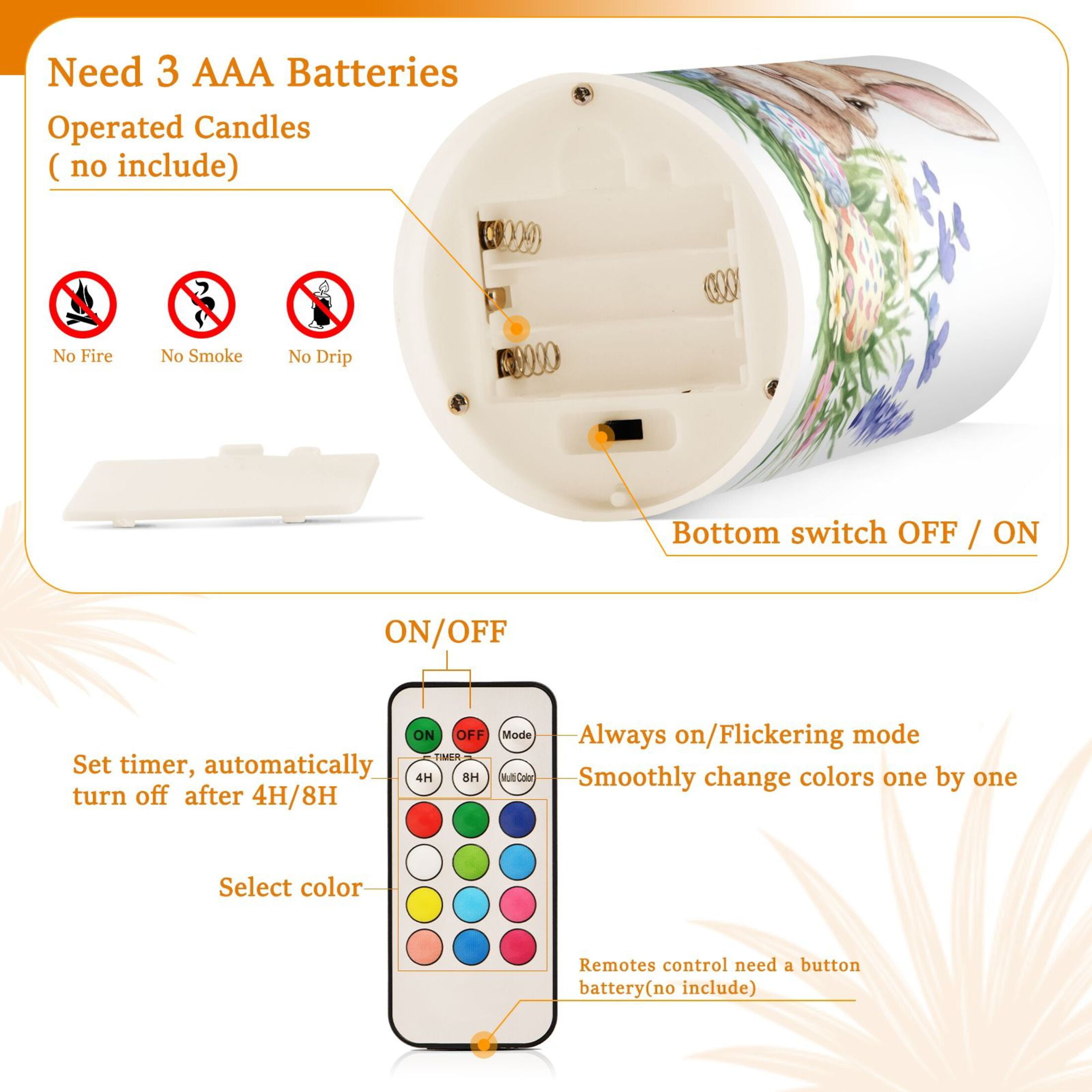 2 PCS Flameless Candles with Remote Timer LED Battery Operated Flickering Candle Light for Wedding Table Home Decoration Gifts Watercolor Easter Bunny Pattern