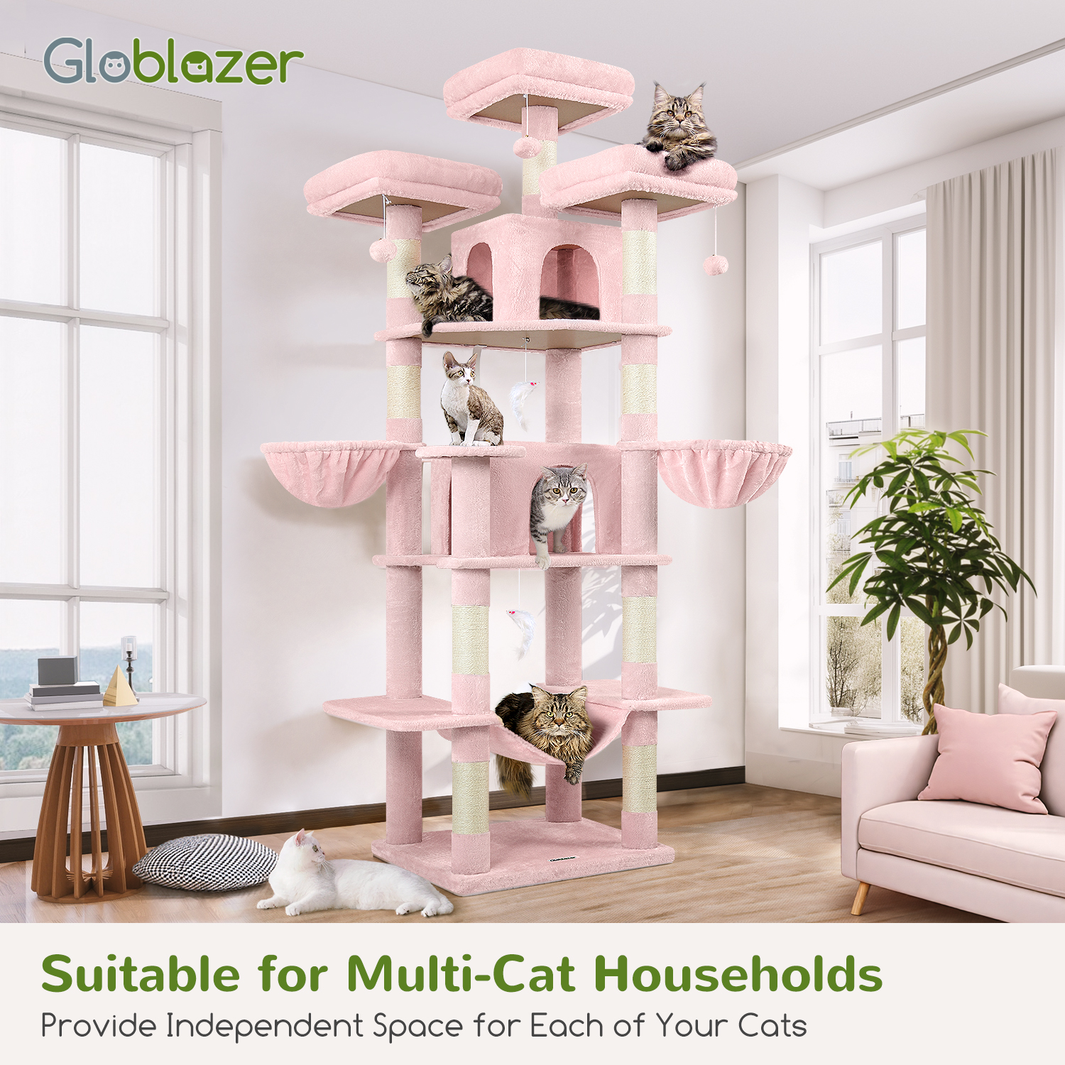 Big Pink 80" Cat Tower for Multiple Cats with Scratching Posts, Hammock & 3 Perches