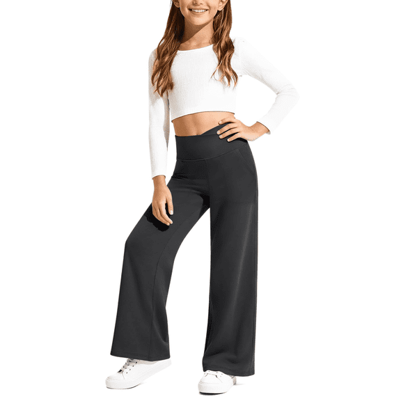 G4Free EverGoing Girls Wide Leg Pants High Waist Cross Waistband Sweatpants with 2 Pockets 6-12 Years School Sport
