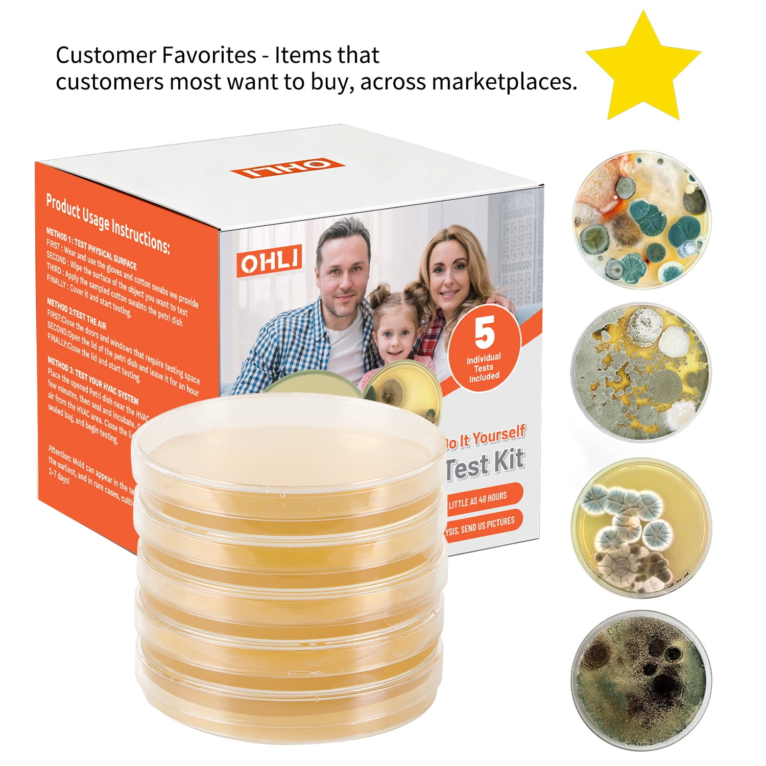 Mold Test Kit for Home Within 5 Individual Tests,Test HVAC,Home Surfaces,Indoor Air Quality Testing Kits,Skin Test,DIY Black Mold Detector Testing kit,Mold Identification Guide-Free Lab Analysis