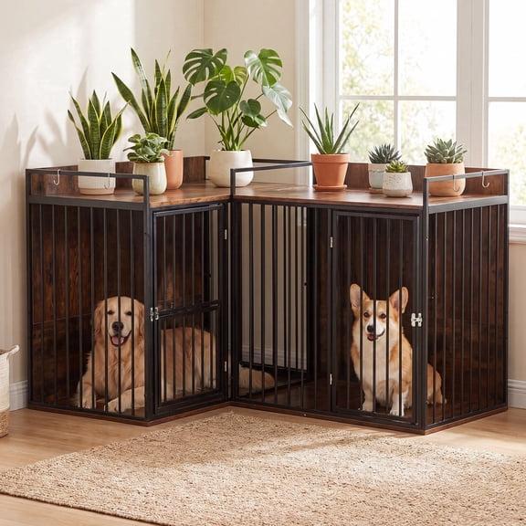 Felizpace Dog Crate Furniture for 2 Dogs, Corner Heavy Duty Double Dog Kennel Furniture with Divider, Indoor Wooden Dogs Crate Large Breed