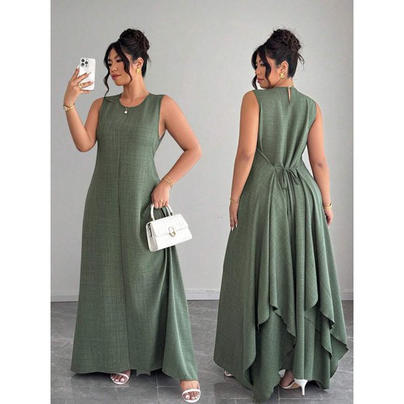 Green Plus Size Sleeveless A-Line Dress With Tie-Up Waist And Asymmetric