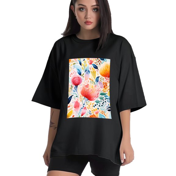Plus Size Shirt for Women Black Tops for Women Short Sleeves Shirt for Women Watercolor Flower T Shirt Crewneck Shirt for Women XS