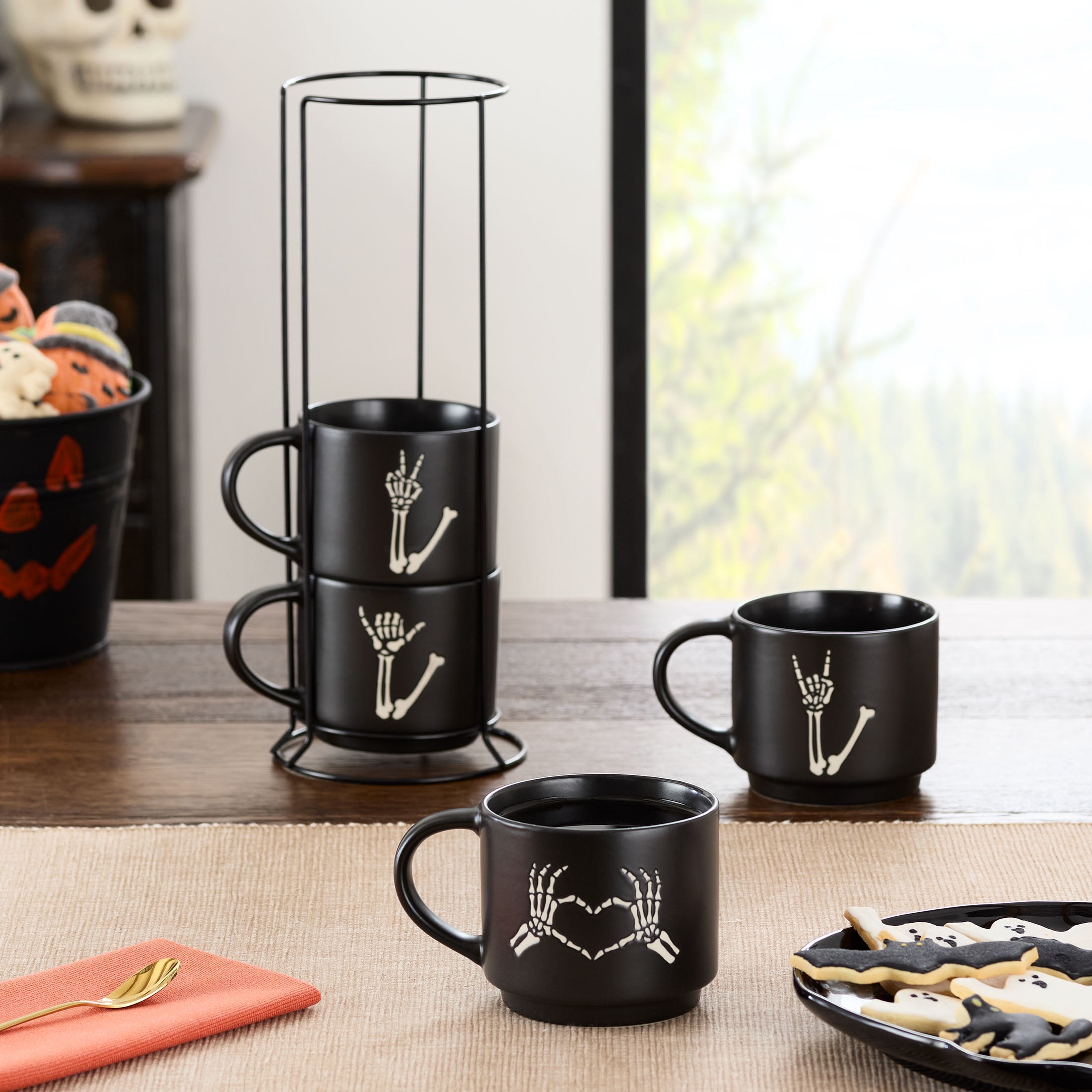 Halloween 12-Ounce Black Skeleton Hand Stoneware Stackable Mug Set with Iron Rack, by Way To Celebrate