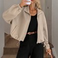 thumbnail image 4 of WTOBBY Women's Fashion Solid Color Baseball Jacket with Long Sleeve, High Neck, Drawstring Hem, and Pockets,Khaki S, 4 of 7