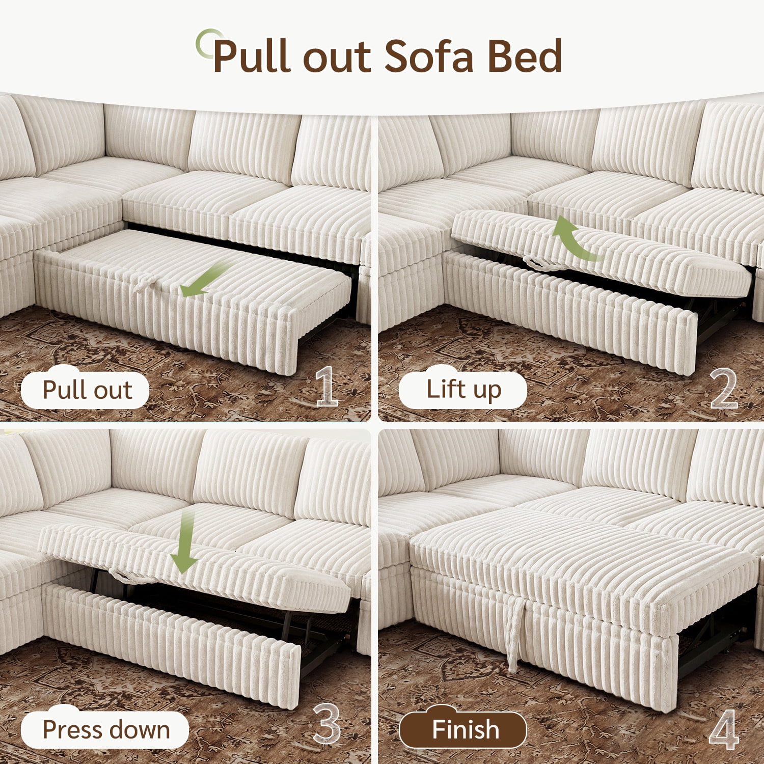 Marrber 106” Oversized Modern Plush Corduroy U-Shaped Modular 7-Seater Pull-Out Sectional Sleeper Sofa Bed with Hidden Storage for Living Room and Apartment, Easy Assembly, White
