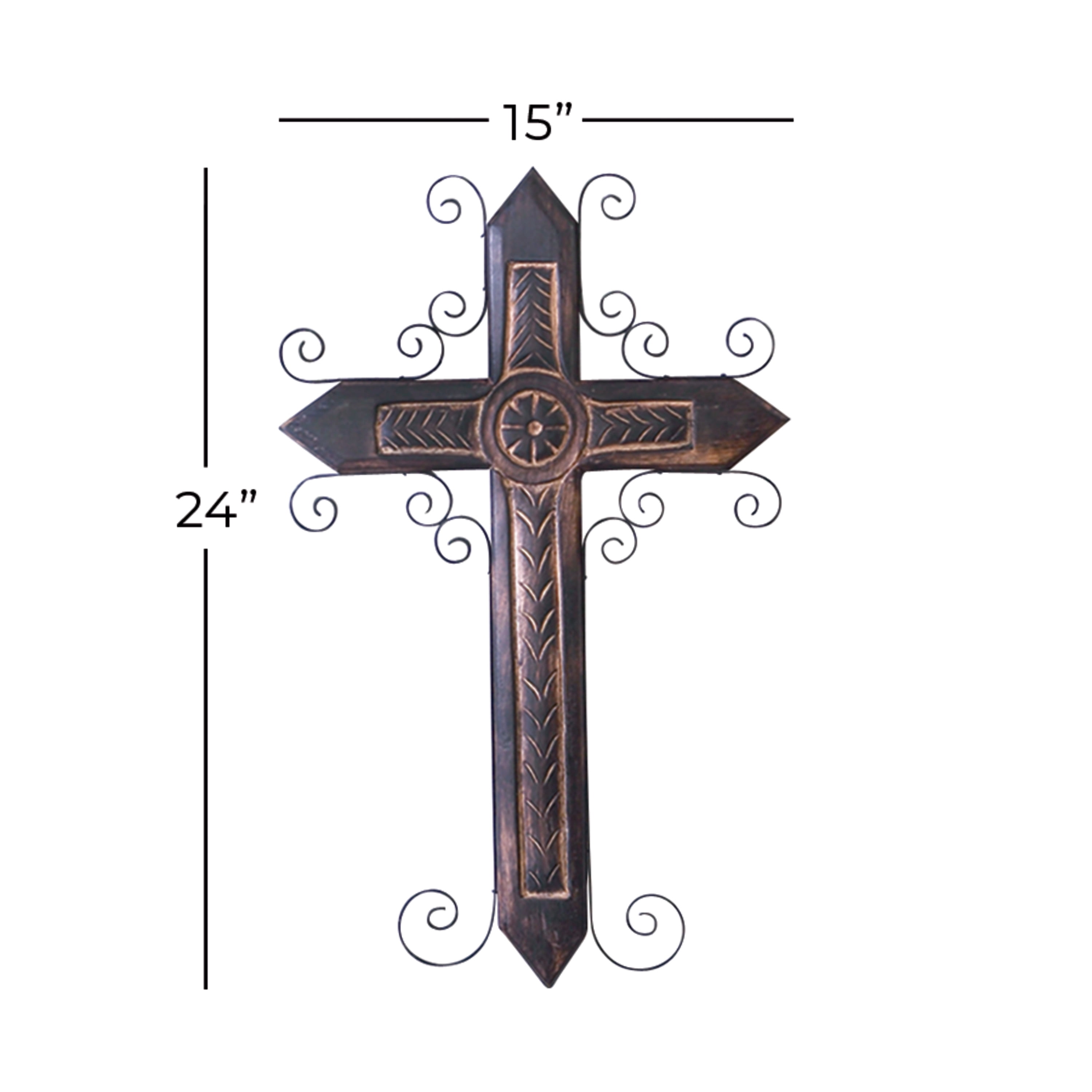 DecMode Brown Mango Wood Carved Cross Cross Wall Decor with Metal Scrollwork