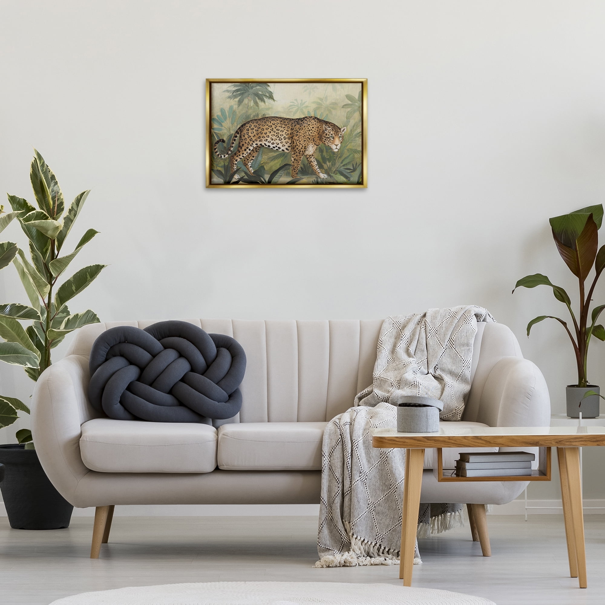 Stupell Industries Prowling Leopard in Forest Landscape Painting Gold Floater Framed Canvas Art Print Wall Art, 25 x 17