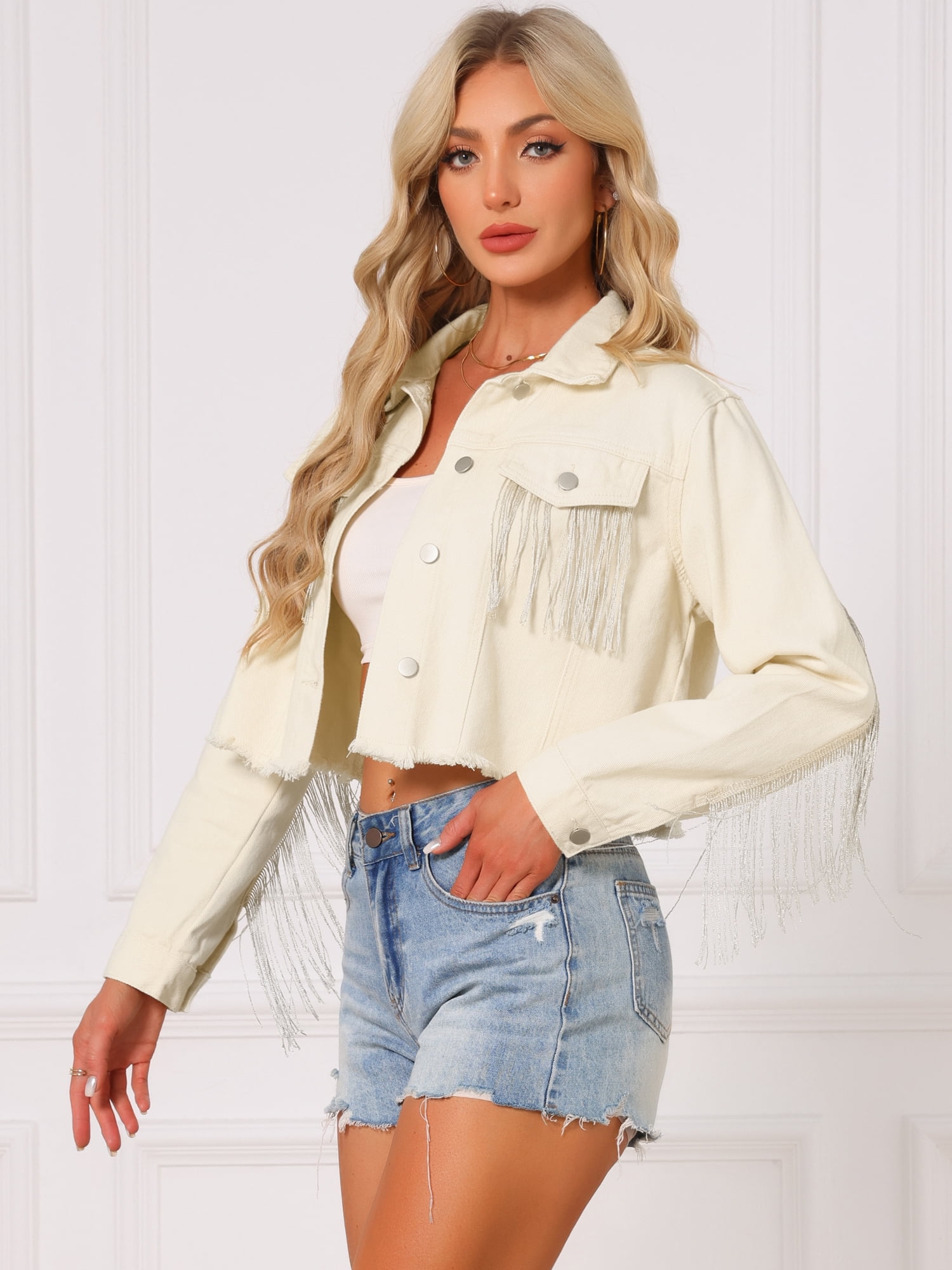 DARING DIVA Women's Cropped Jean Long Sleeve Frayed Tassel Fringe Denim Jacket XL White