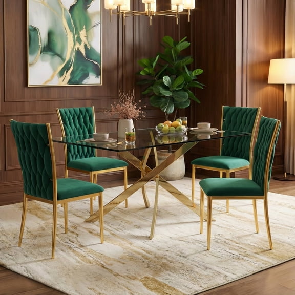 Sumdeal 5-Piece Dining Room Set - Modern Tempered Glass Dining Table with Four Velvet Chairs, Sturdy Metal Frame, Suitable for Kitchens, Dining Rooms, and Offices.
