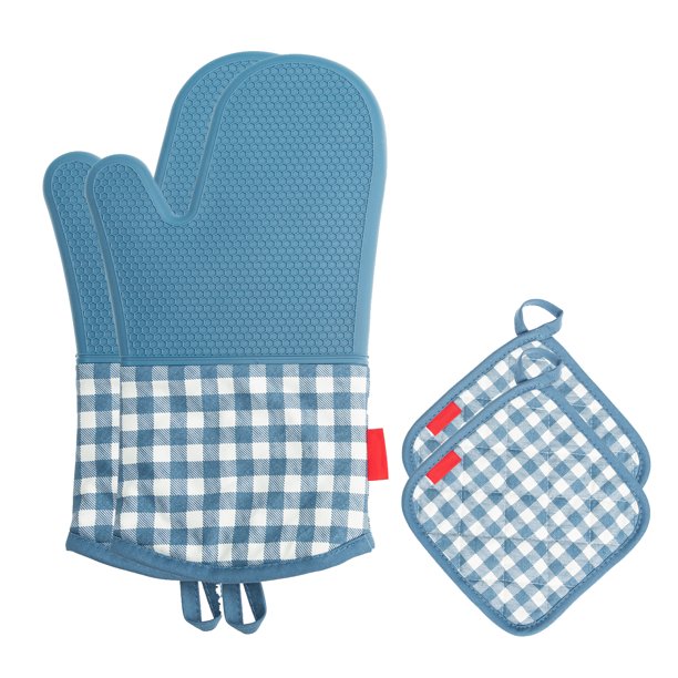 Guantes,Esonmus guantes de silicona resistentes al calor para horno + 2 soportes de ollas de algodón Tomshoo Azul