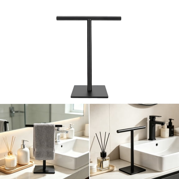 T-Shape Hand Towel Holder Matte Black, Free Standing Stainless Steel Hand Towel Rack Stand for Bathroom Vanity Kitchen Countertop,12-Inch Height