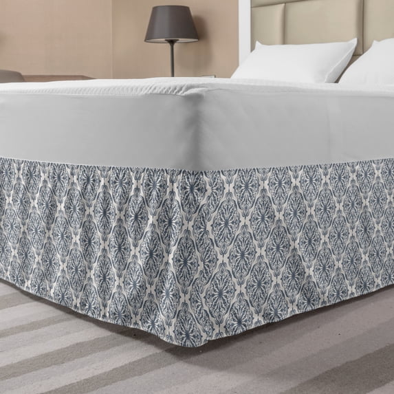 Damask Bed Skirt, Repetitive Linked Ornaments Floral Inspired Motifs Graphic Illustration, Elastic Bedskirt Dust Ruffle Wrap Around for Bedding Decor, 4 Sizes, Ivory and Purpleblue, by Ambesonne