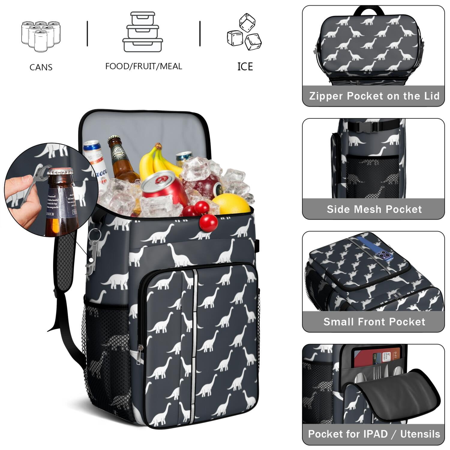 Travel Cooler Bag - Dark Blue Dinosaurs Silhouette Pattern Camping Beer Cooler Backpack with Bottle Opener- Waterproof Insulated Picnic Backpacks - Cooler Bag for Beach