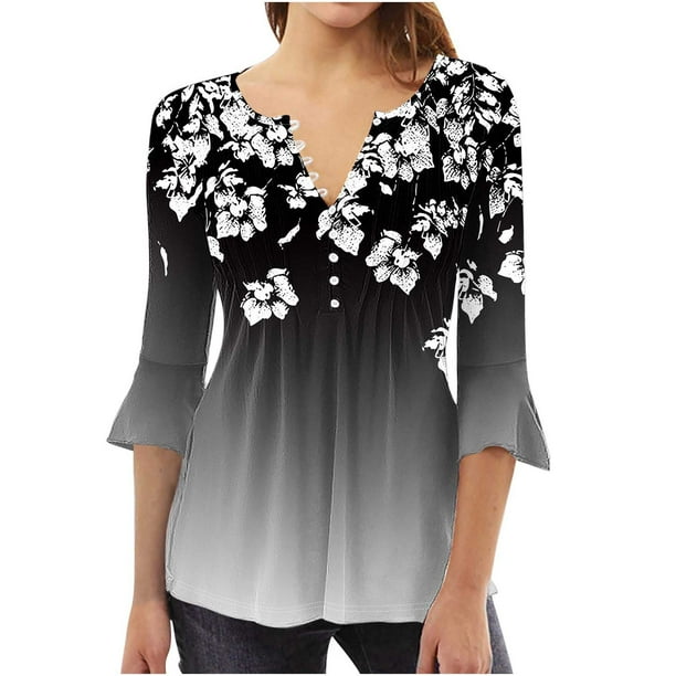 Camisetas con Cuello en V Mujeres Moda Impresa 3/4 Mangas Blusa, Top Cómodo Casual para el Hogar Y Diario