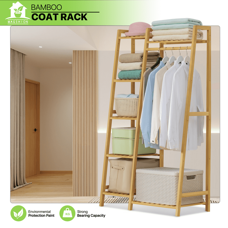 Magshion Bamboo 5 Tiers Stable Trapezoid Coat Rack Clothes Storage Shelf Natural for Bedroom
