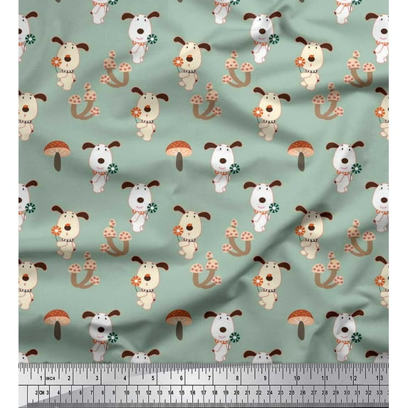Soimoi Moss Georgette Fabric Mushroom & Dog Kids Print Fabric by The Yard 42 Inch Wide