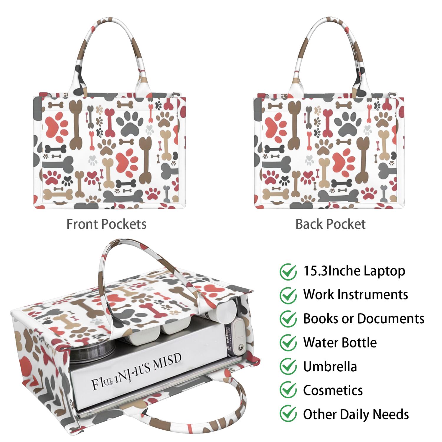 Large Capacity Tote Bag,Paw Prints and Bones Handbag Fashion Luxury Tote Bag,15.7"x13"x 5.1" Inches,Laptop Compatible