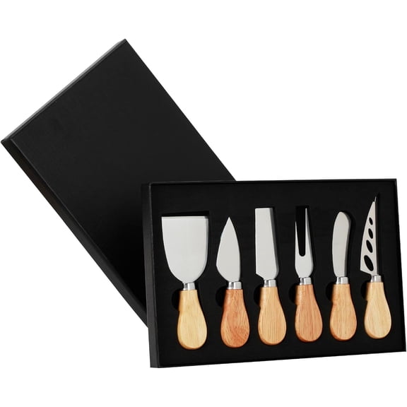 6 Pcs Cheese Knives Set, Cheese Knives with Cheese Slicer Cheese Cutter Cheese Fork, Stainless Steel Cheese Spreading Knife for Charcuterie Boards and Cutlery Gift Set(Oak Handle)