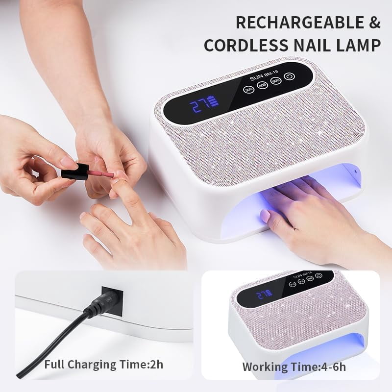 Cordless UV Nail Lamp, 168W Rechargeable UV Gel Nail Light, Sparkling Rhinestones Diamond UV Light, Professional Fast Curing Nail Dryer with 4 Timers Touch Control Auto Sensor for Salon & Home