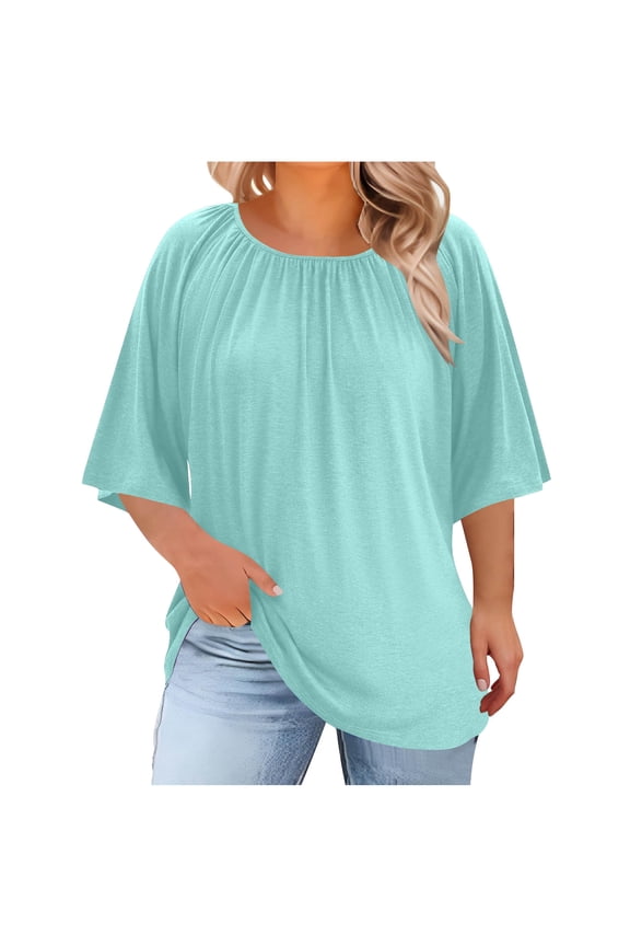 Womens Plus Size Short Sleeve Pleated Tops Casual Crewneck Solid Color Shirts Comfy Basic Tees Loose Fit Casual Tops for Women Summer Wear ropa para mujeres,Light Blue,XXXL