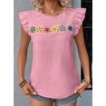 thumbnail image 4 of Women'S Floral Embroidery Blouse Crew Neck Short Sleeve Summer Boho Shirt Pink L, 4 of 9