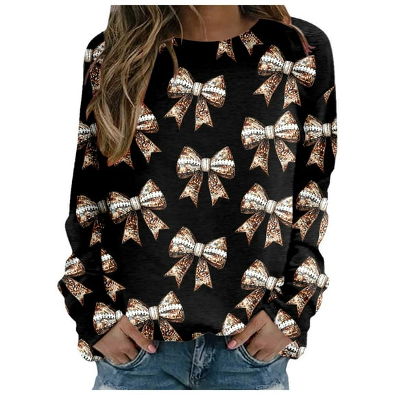 Fshinging Women Oversized Sweatshirt Hoodies Full Bow Print Long Sleeve Crewneck Casual Ladies Pullover Tops