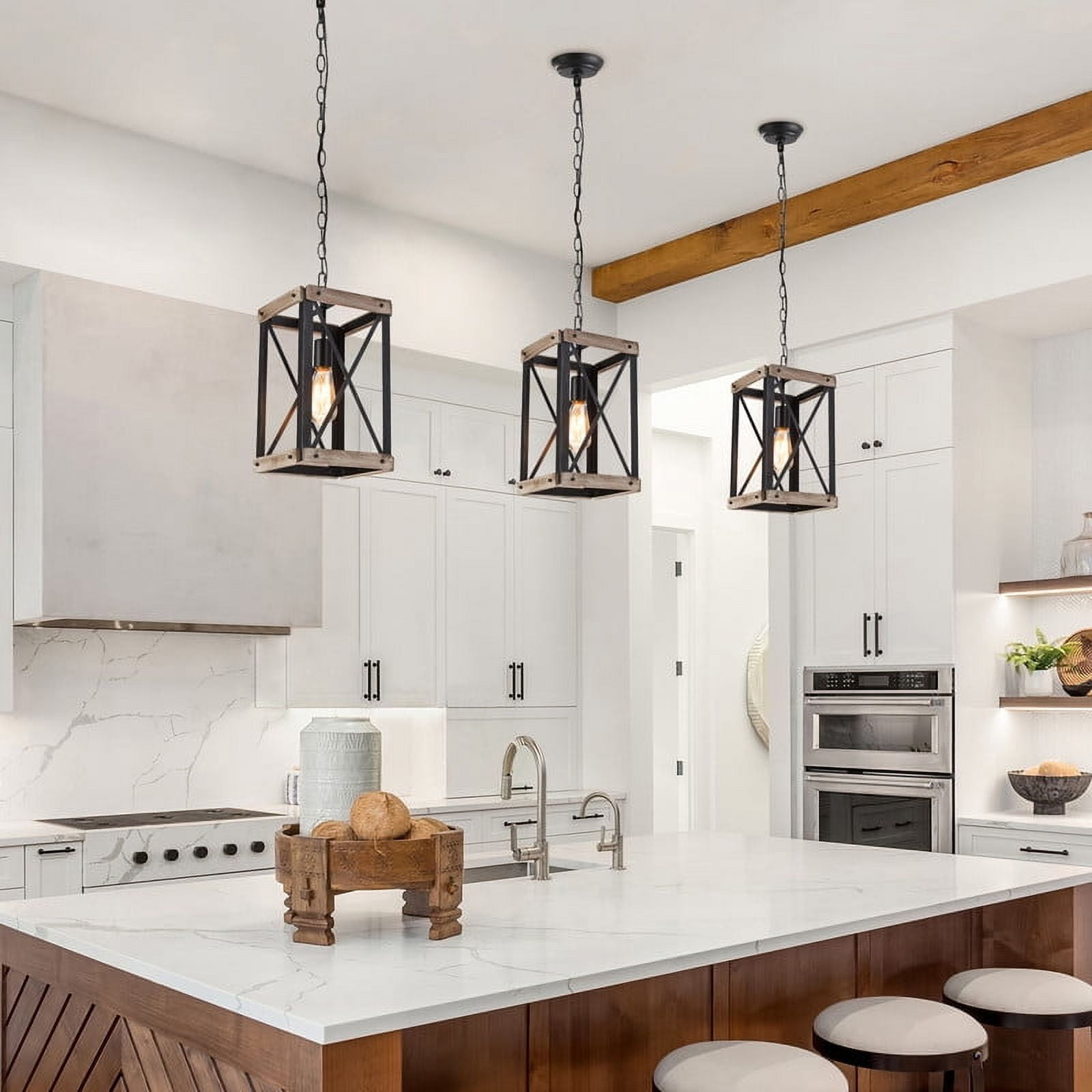 LNC 1-Light Farmhouse Pendant Light For Kitchen Island, Rustic Brushed Black and Wood Finish