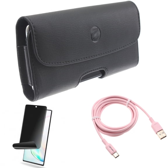 Case Belt Clip & Privacy Screen Protector & 6ft USB-C Cable for Samsung Galaxy Note 20 (6.7") - Combo with Leather Holster & TPU Film Anti-Peep & Pink Charger Cord