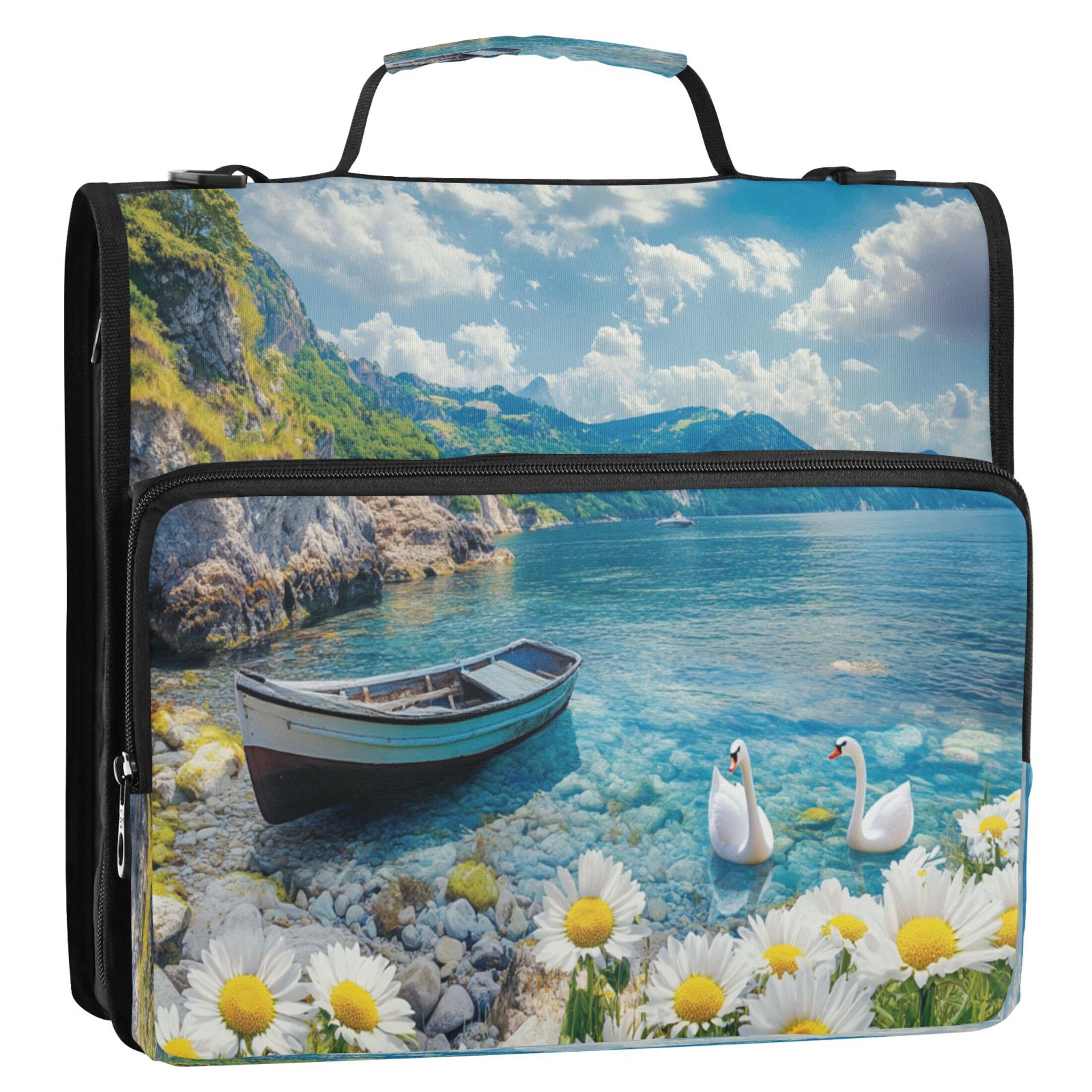 YAZAOO Zipper Binder trapper keeper Documents Organized Design Boat Swans Daisies and Mountains Printed
